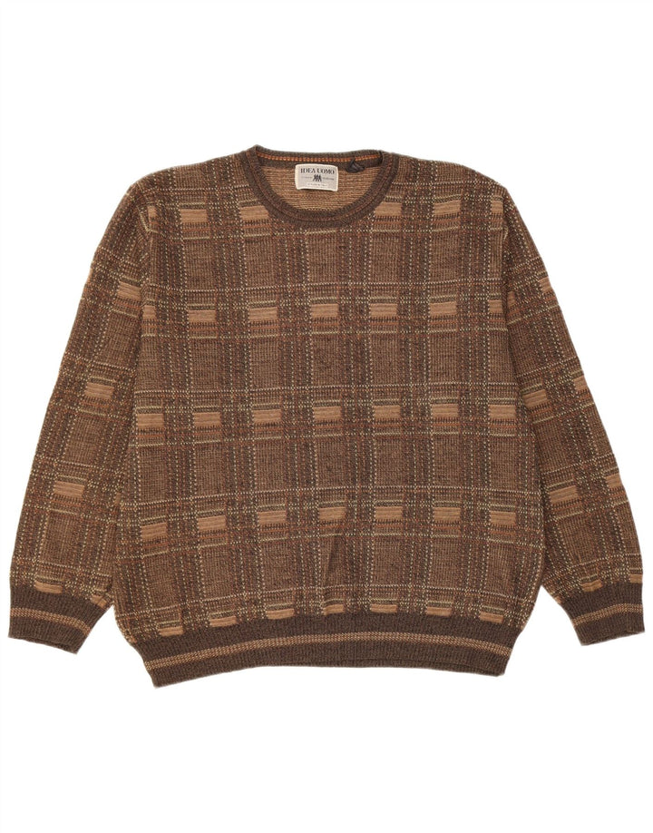Vintage hombres cuello redondo jersey suéter grande marrón cheque