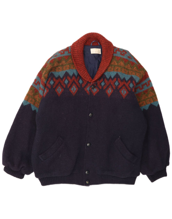 Alafoss Chaqueta bomber de punto holgada para hombre UK 42 XL Lana geométrica azul marino