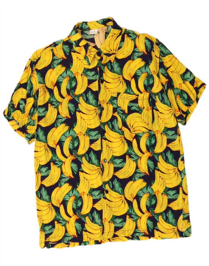 Vintage hombres patrón abstracto camisa de manga corta algodón amarillo grande