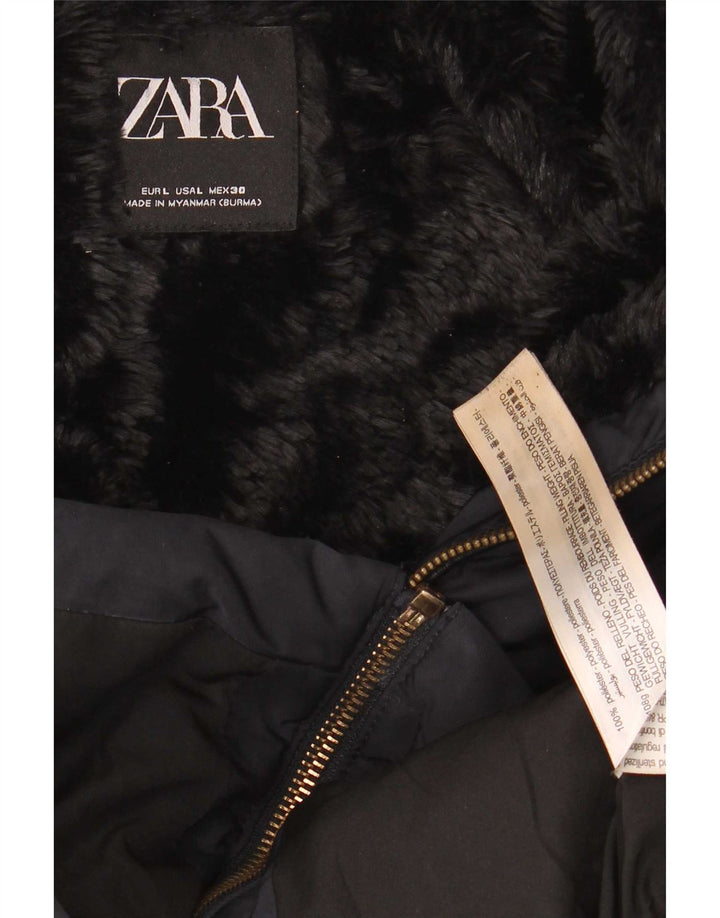 Zara Mujer Chaqueta Acolchada Sherpa Con Capucha UK 46 Grande Poliéster Azul Marino