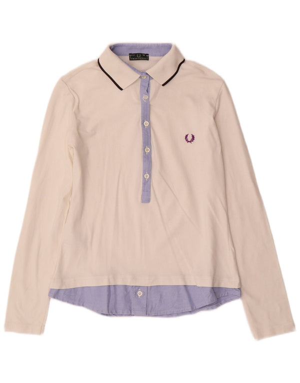 Fred Perry Polo De Manga Larga Para Mujer UK 40 Medium Blanco Colorblock