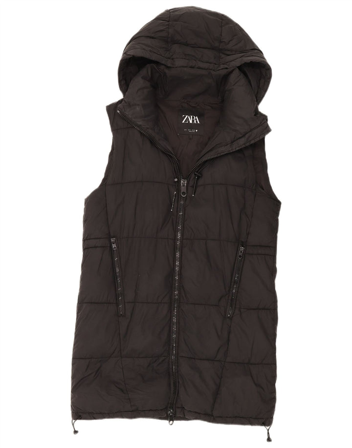 Zara Mujer Chaleco Acolchado Extragrande Con Capucha UK 10 Small Poliéster Negro