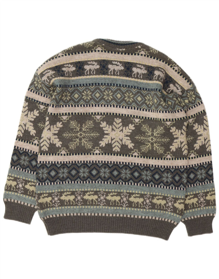 Liberti Jersey de cuello redondo para hombre de lana Fair Isle gris medio