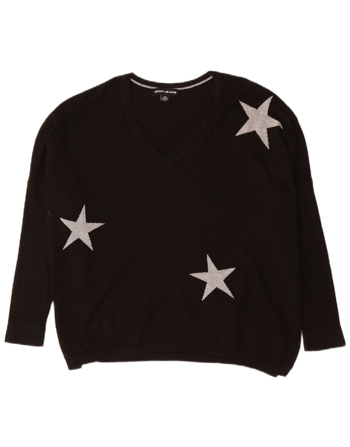 Dkny Suéter tipo jersey con cuello en V y gráfico extragrande para mujer UK 46 Large Black