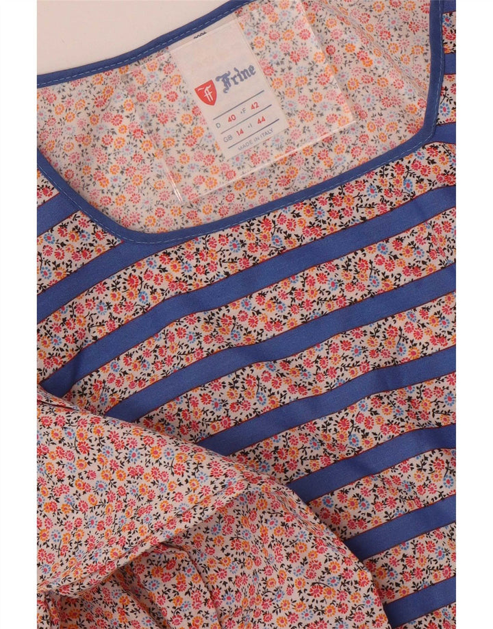 Vintage mujer manga larga Maxi vestido Reino Unido 14 poliéster a rayas azul medio