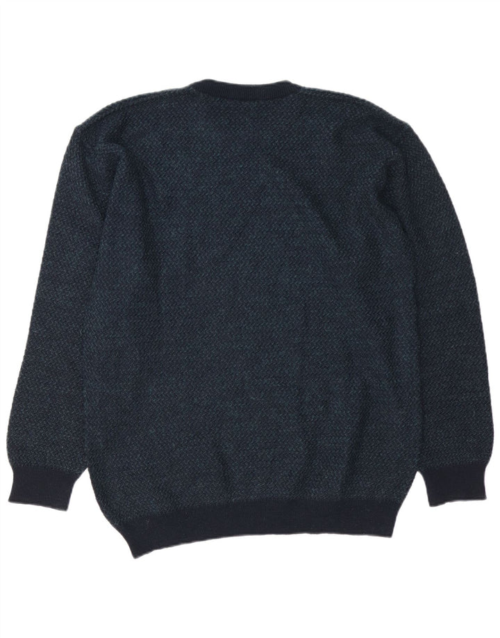 VINTAGE Hombres Crew Neck Jumper Suéter Medio Azul Marino Geométrico