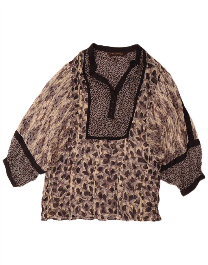 Zara Mujer Blusa Manga 3/4 Top UK 40 Mediano Estampado Animal Multicolor