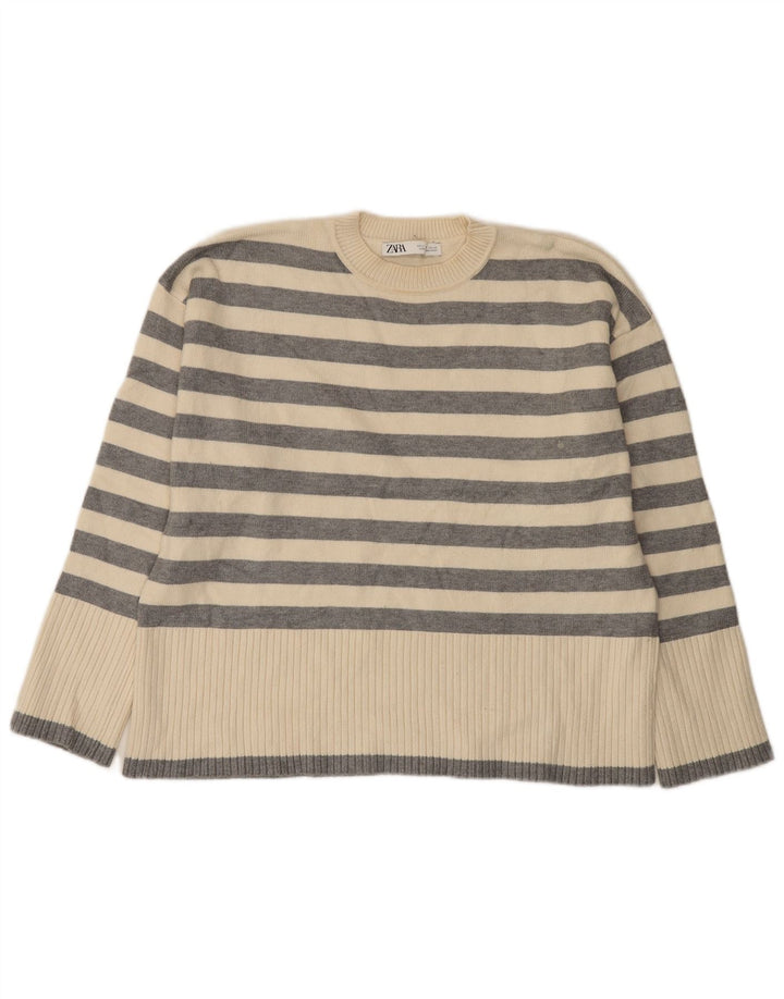 Zara Mujer Oversize Cuello Redondo Jersey Jersey UK 10 Small Blanco Rayas