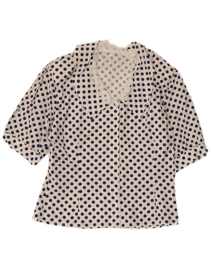 VINTAGE Mujer 1/2 Manga Camisa Blusa Reino Unido 12 Lunares Blancos Medianos