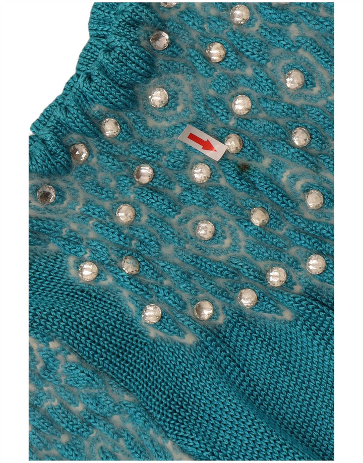 Vintage mujeres patrón abstracto cuello redondo jersey suéter Reino Unido 14 azul grande