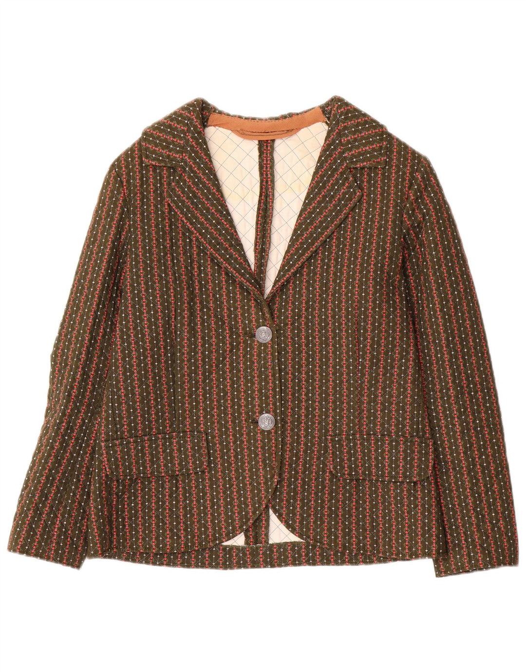 Vintage mujer 2 botones Blazer chaqueta Reino Unido 8 pequeño caqui rayas