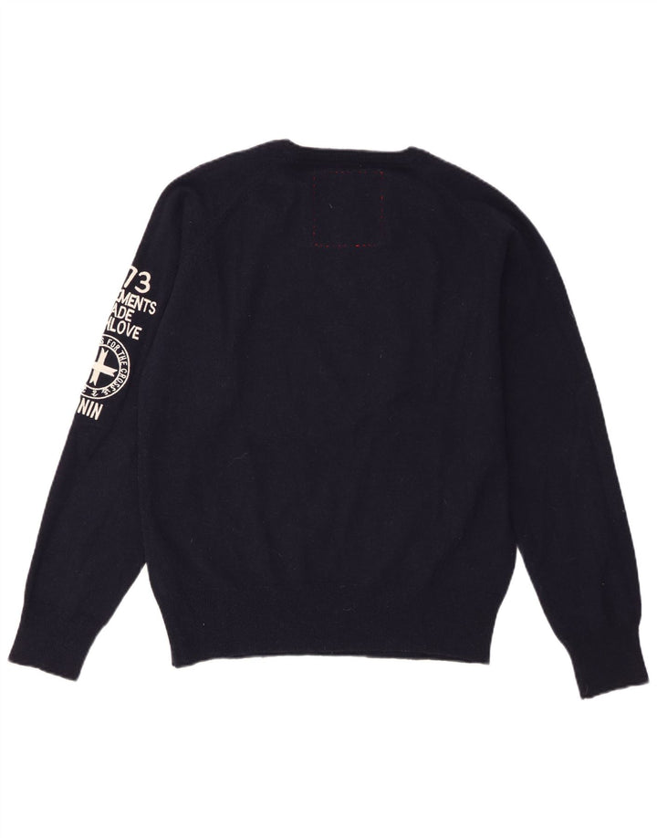 Zu Elements Jersey gráfico con cuello en V para hombre XL Lana geométrica azul marino