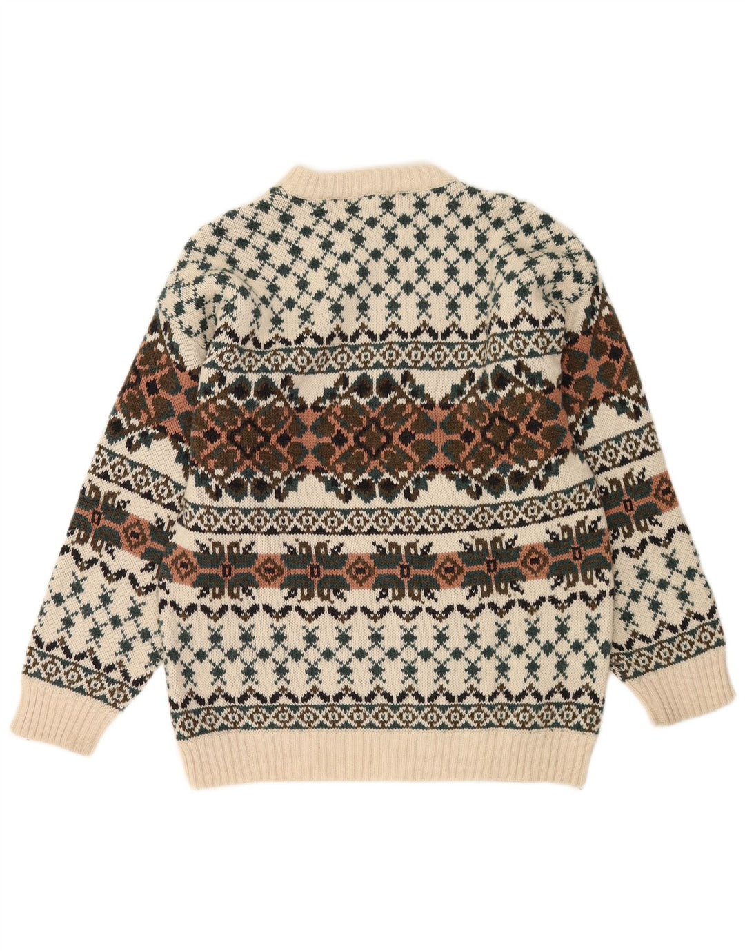 Vintage hombres cuello redondo jersey suéter IT 50 medio blanco Fair Isle lana
