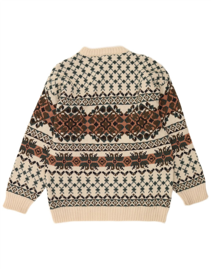 Vintage hombres cuello redondo jersey suéter IT 50 medio blanco Fair Isle lana