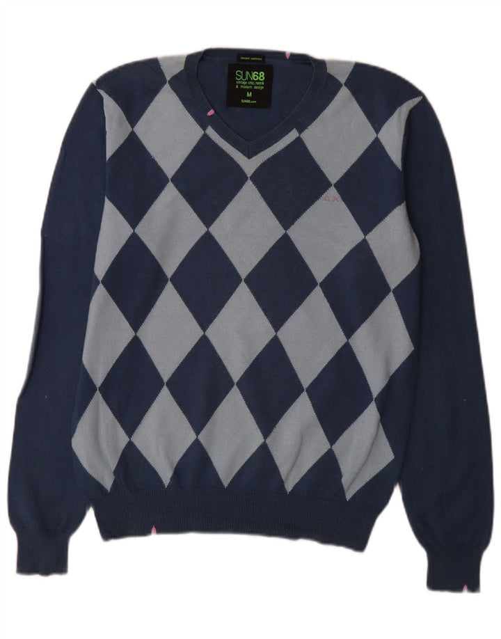 Sun68 - Jersey con cuello en V para hombre, color azul medio, algodón Argyle/Diamond