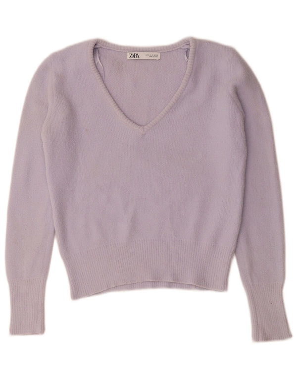 Zara Mujer Crop V-Cuello Jersey Jersey UK 10 Small Púrpura Nylon