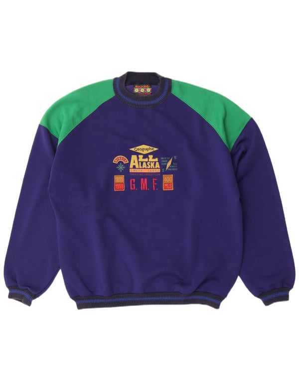 Vintage hombres sudadera gráfica jumper XL azul marino colorblock algodón