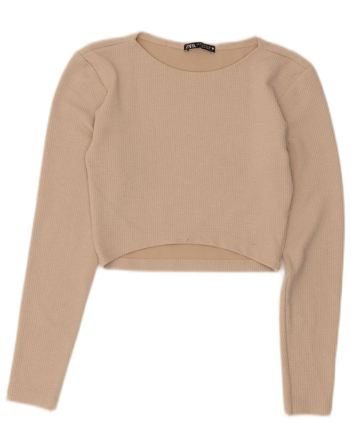 Zara Mujer Crop Top Manga Larga UK 42 Medio Beige Poliéster