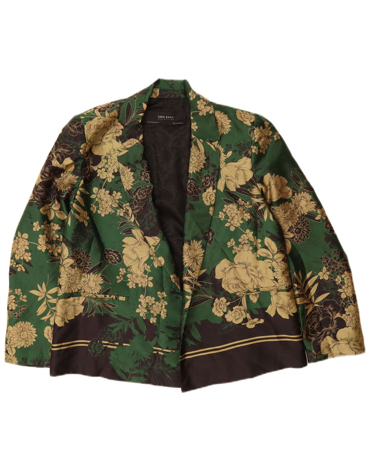 Zara Chaqueta Americana Abierta para Mujer UK 44 Poliéster Floral Verde Medio