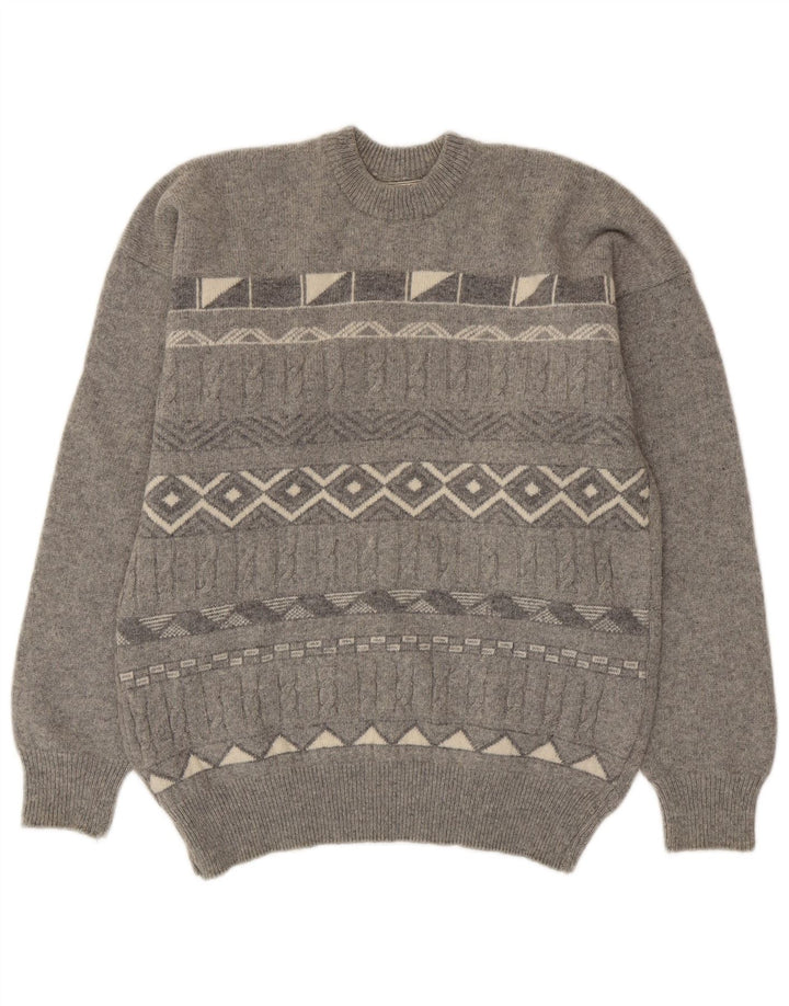 Vintage hombres cuello redondo jersey suéter medio gris geométrico