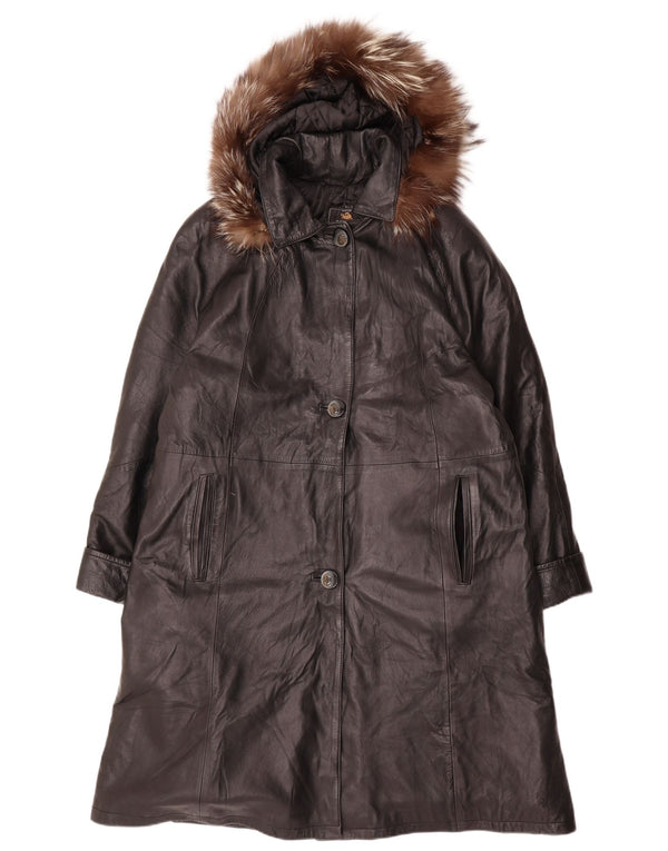 VINTAGE Abrigo de cuero con capucha de gran tamaño para mujer Reino Unido 14 Cuero negro mediano