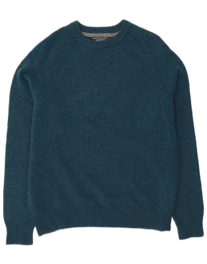 Lands End Jersey de cuello redondo para hombre de lana azul grande