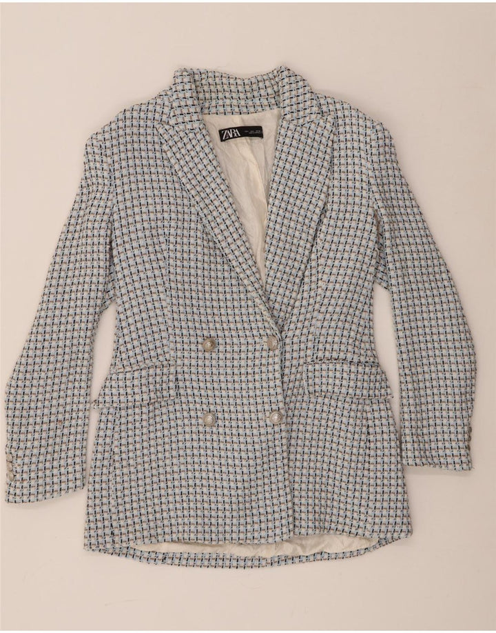 Zara Chaqueta Blazer De Doble Botonadura para Mujer Reino Unido 44 Grande Algodón De Cuadros Azul Azul