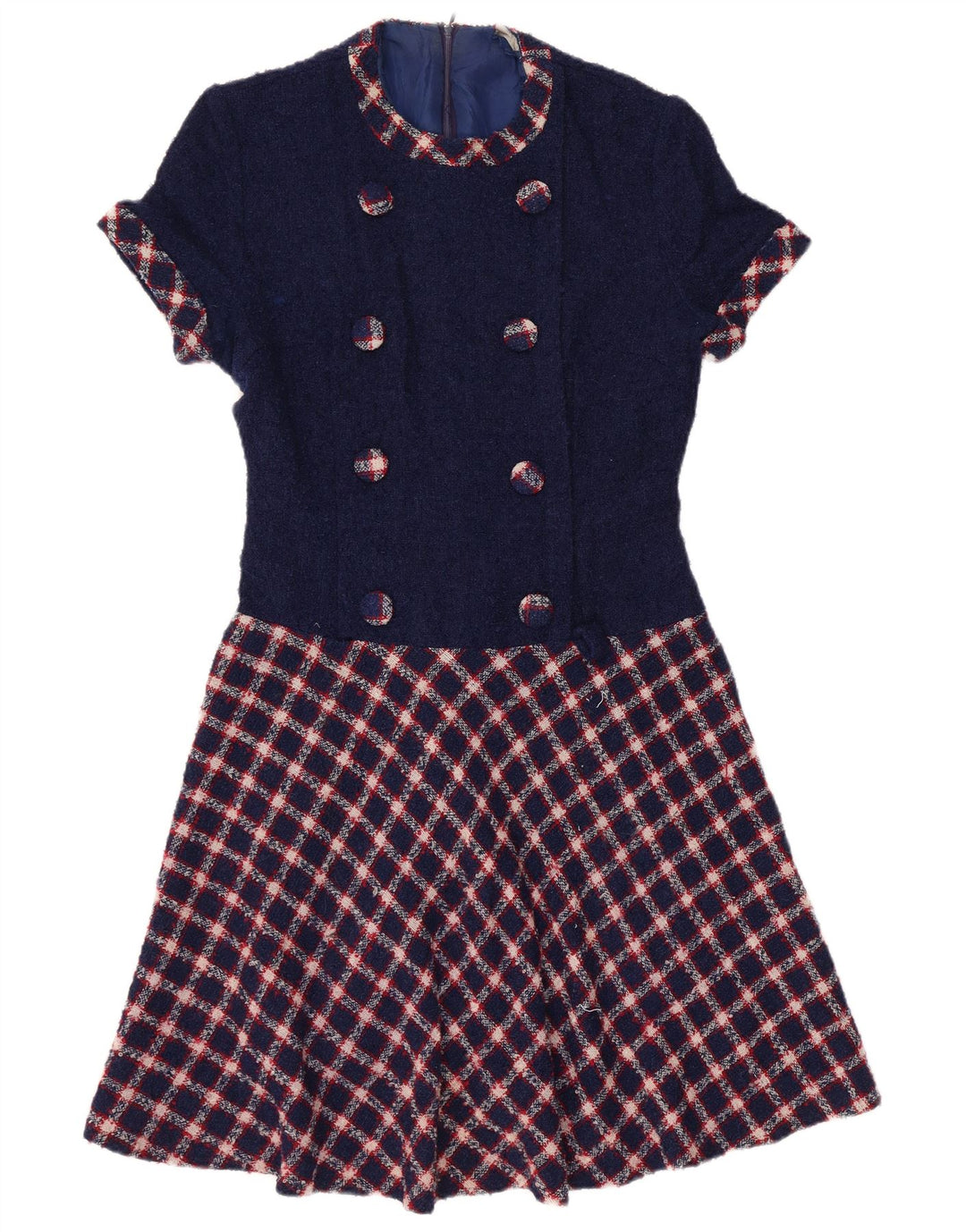 VINTAGE Mujer A-Line Vestido Reino Unido 12 Medio Azul Marino Check