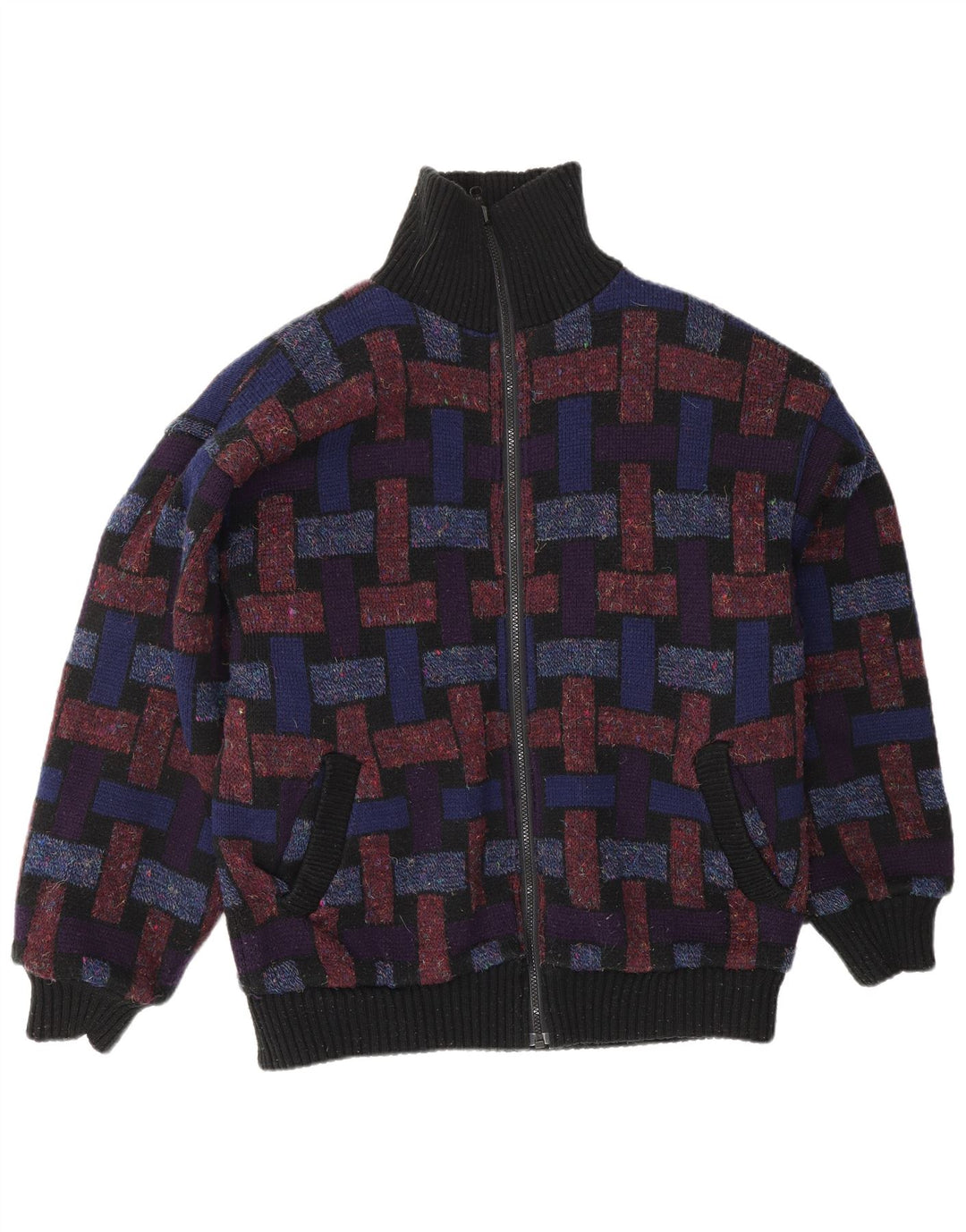 VINTAGE Hombres Cardigan Suéter Grande Multicolor Geométrico