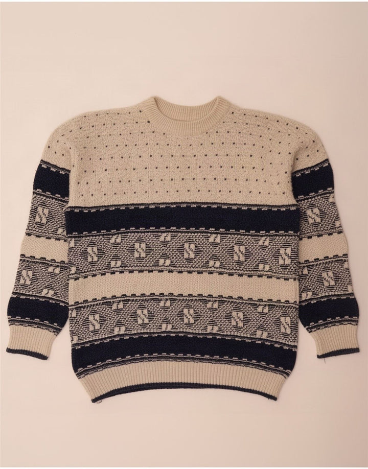 Vintage hombres cuello redondo jersey suéter grande beige geométrico