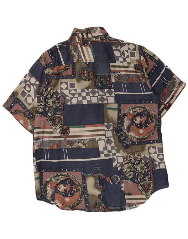 Vintage hombres patrón abstracto camisa de manga corta seda azul marino medio