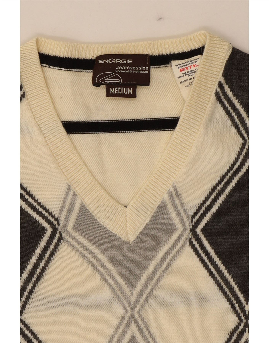 ENERGIE Womens V-Neck Jumper Sweater UK 14 Medium Off White Argyle/Diamond Vintage Energie and Second-Hand Energie from Messina Hembry 