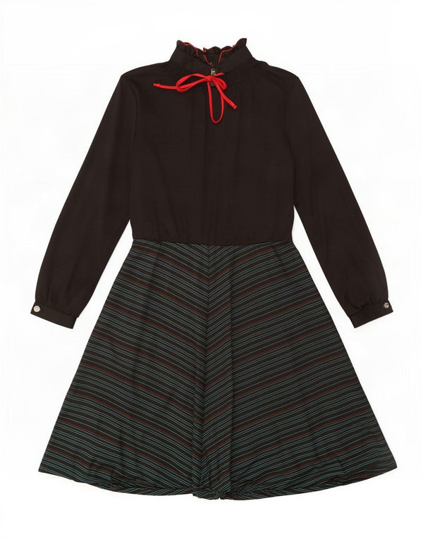 Vintage mujer manga larga A-Line vestido Reino Unido 12 medio negro rayas