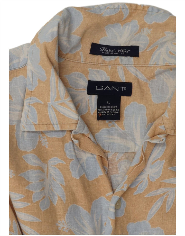 Gant Camisa Regular Fit De Manga Corta De Lino Floral Beige Grande Hombre