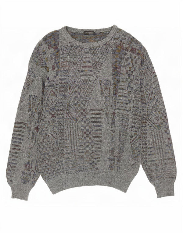 Vintage hombres cuello redondo jersey suéter pequeño gris geométrico