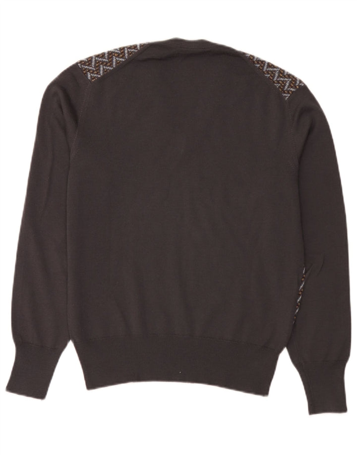 Vintage hombres V-cuello jumper suéter IT 50 marrón medio geométrico