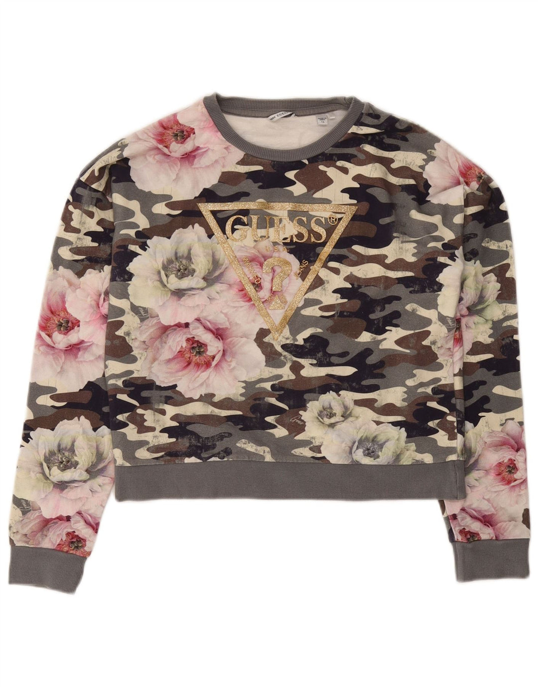 GUESS Sudadera con gráfico corto para mujer, talla 40, talla grande, camuflaje gris