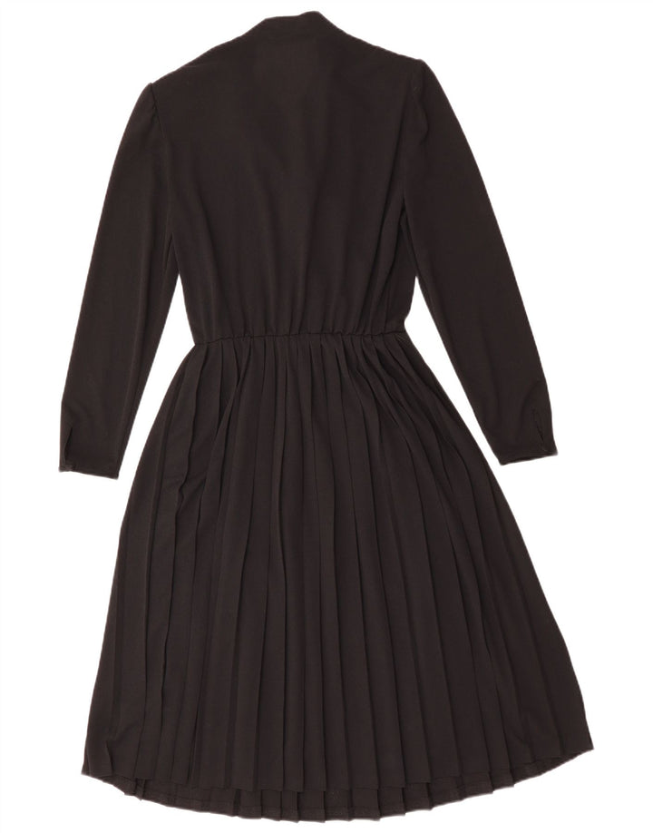 Vintage mujer manga larga A-Line vestido Reino Unido 12 medio negro