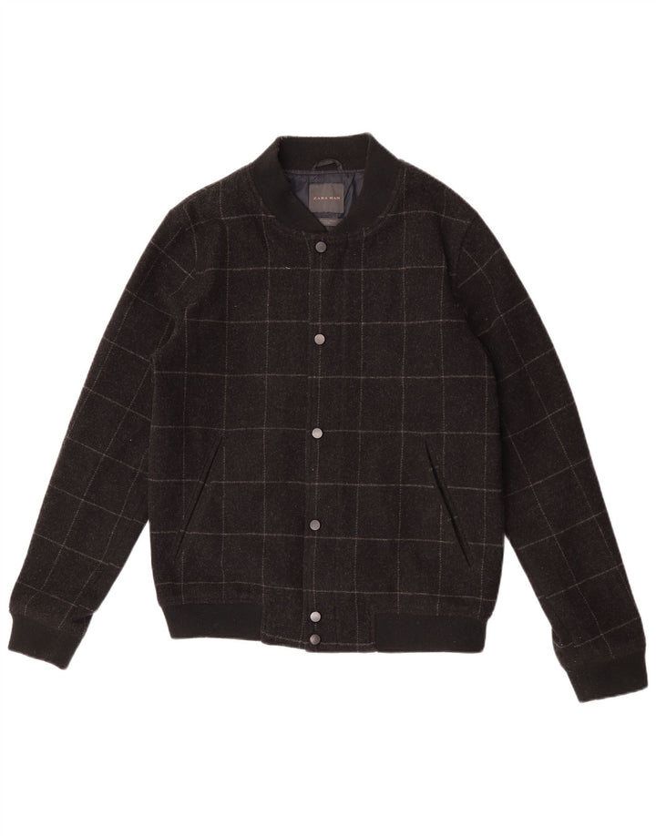 Zara Hombre Cazadora Bomber UK 38 Mediana Lana A Cuadros Negra