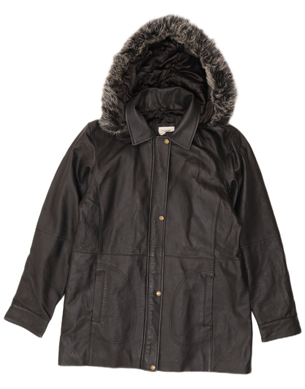 Vintage mujer chaqueta de cuero con capucha Reino Unido 14 Negro Medio