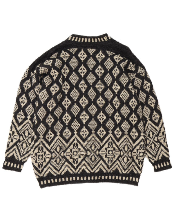 Vintage mujer Cardigan suéter Reino Unido 16 Grande Negro Fair Isle