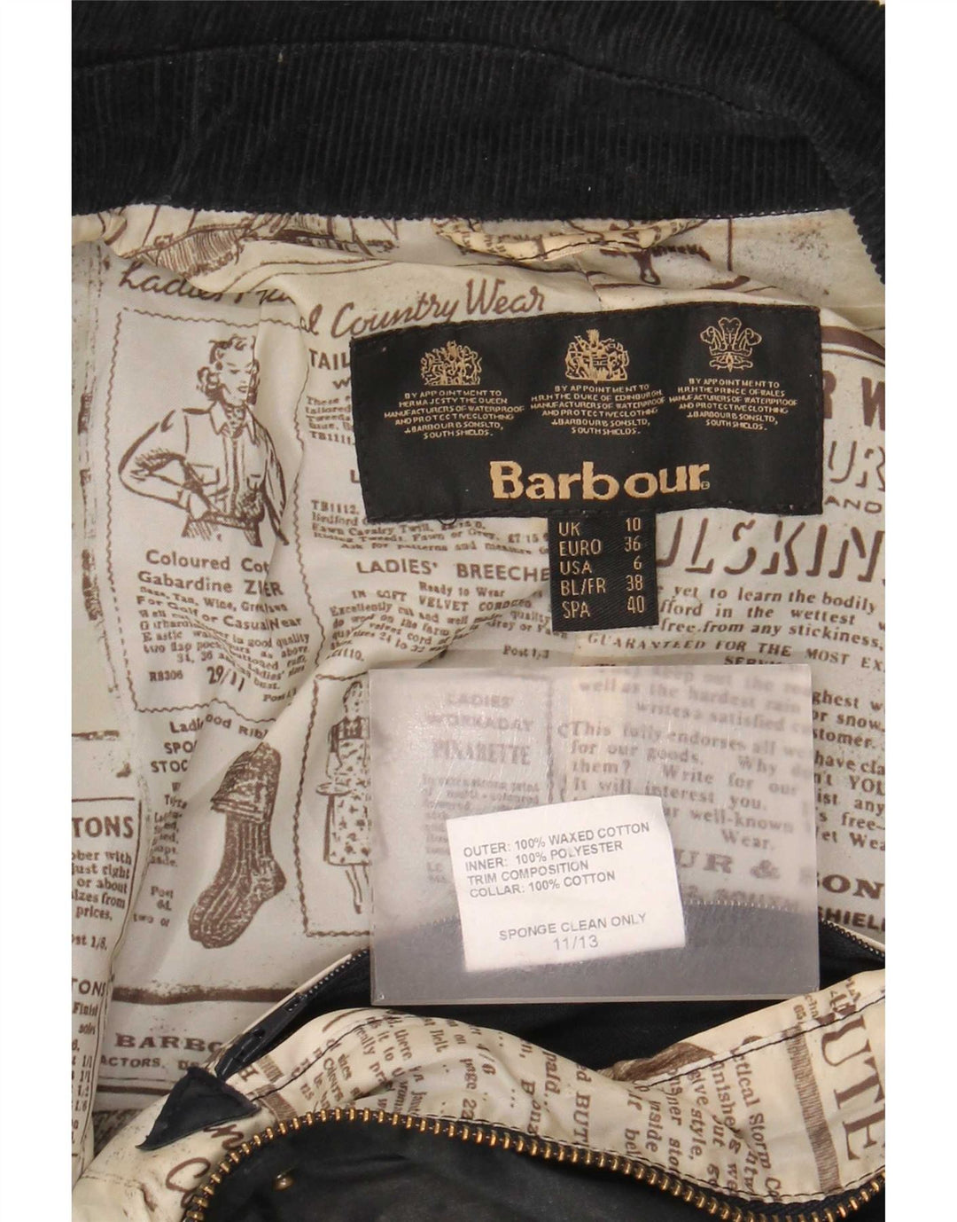 Barbour Chaqueta de algodón encerado para mujer UK 10 Small Black