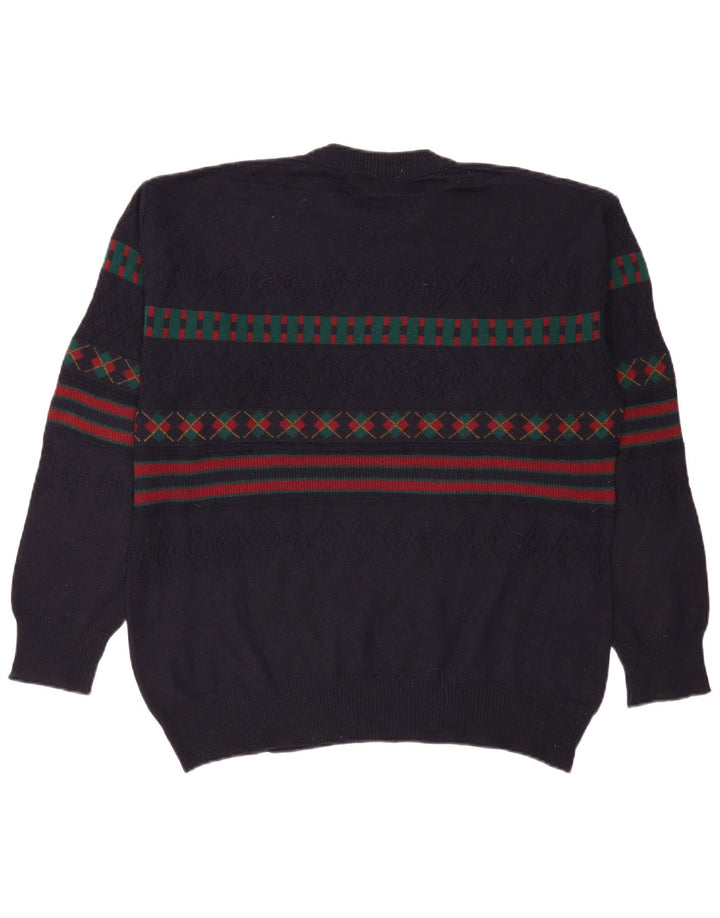 VINTAGE Hombres Turtle Neck Jumper Suéter IT 50 Grande Azul Marino Geométrico