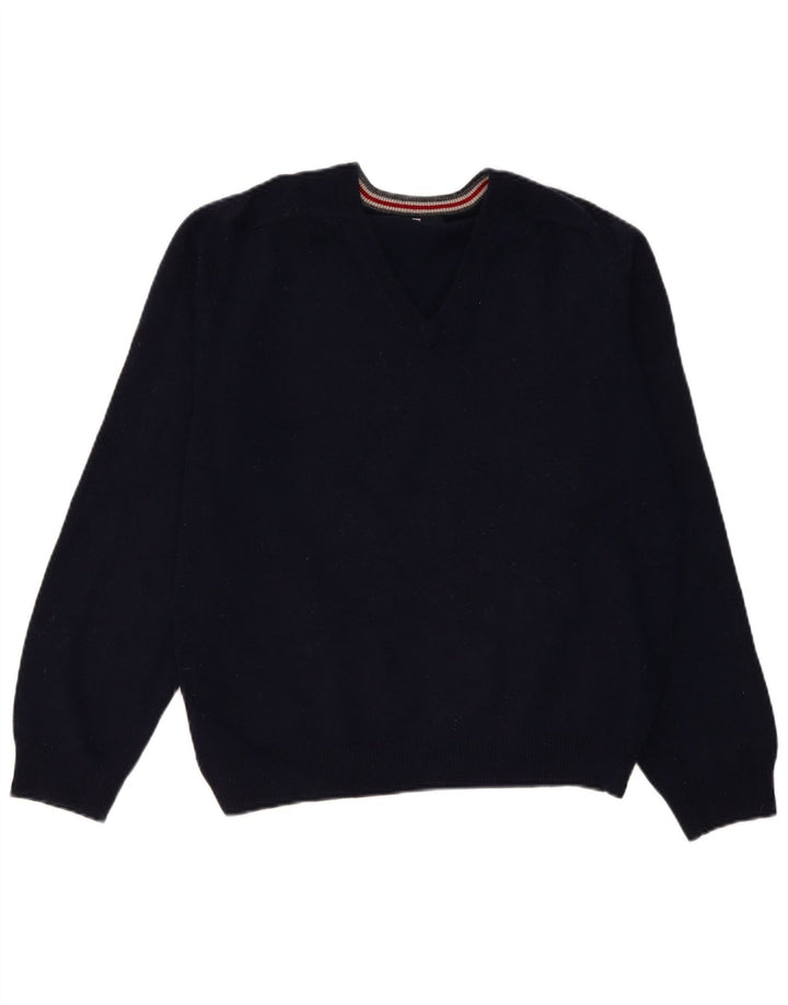 Marks & Spencer Jersey con cuello en V para hombre, talla grande, lana de cordero azul marino