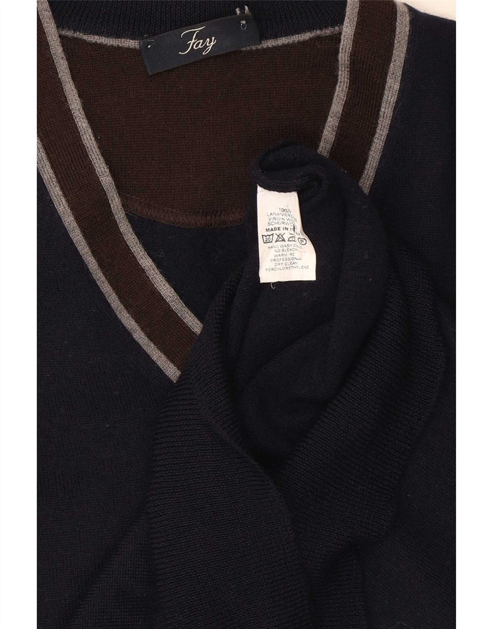 Fay Hombre Jersey Con Cuello En V De Lana Virgen Color Block Azul Marino Medio