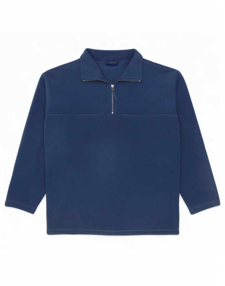 Vintage hombres zip cuello polar jumper medio azul poliéster