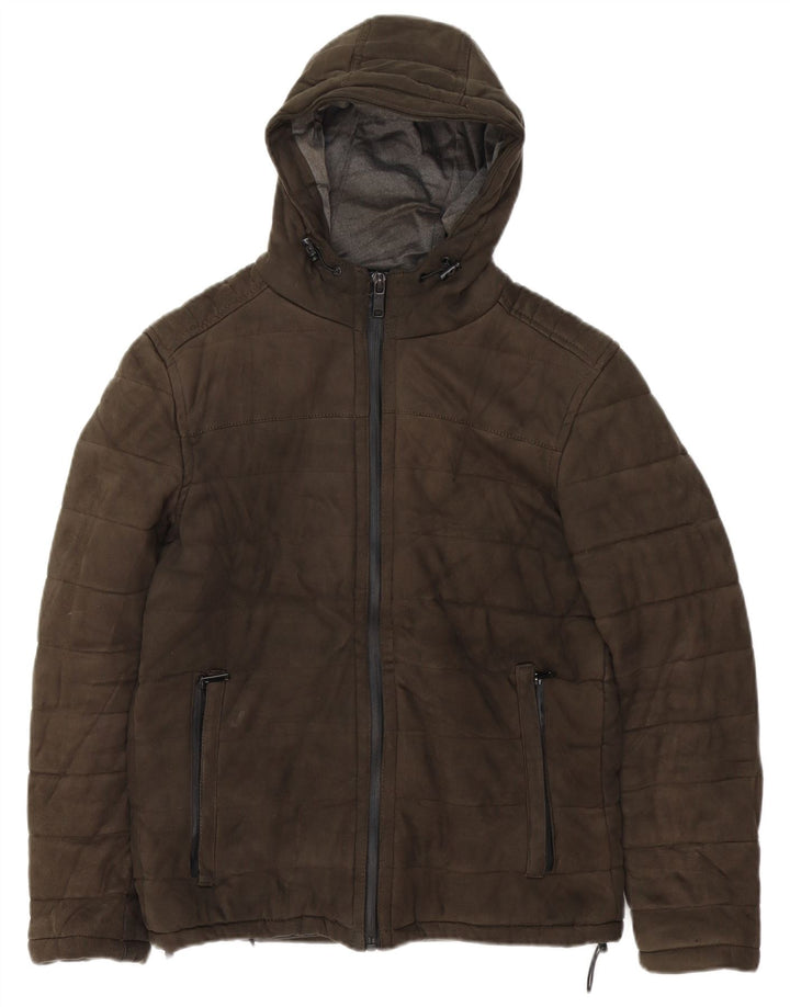 ZARA Chaqueta acolchada con capucha para hombre UK 40 Large Caqui Poliéster