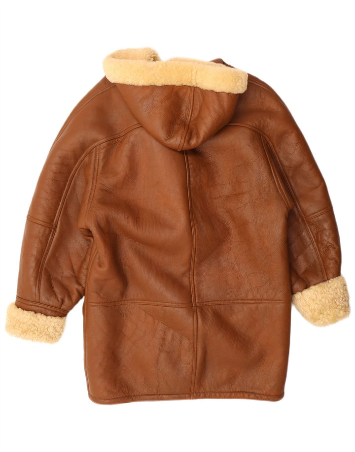 VINTAGE Abrigo de piel de oveja con capucha para mujer Reino Unido 16 Grande Beige Shearling Classic