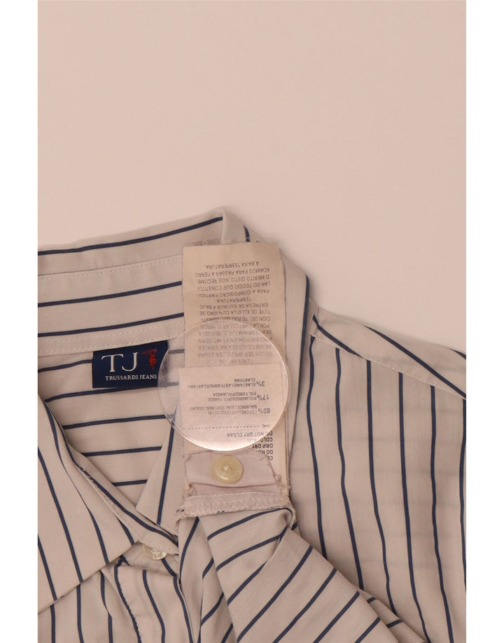 TRUSSARDI Womens Shirt UK 14 Medium White Striped Cotton Vintage Trussardi and Second-Hand Trussardi from Messina Hembry 