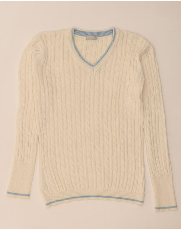 Vintage hombres V-cuello jumper suéter Reino Unido 42 algodón beige grande